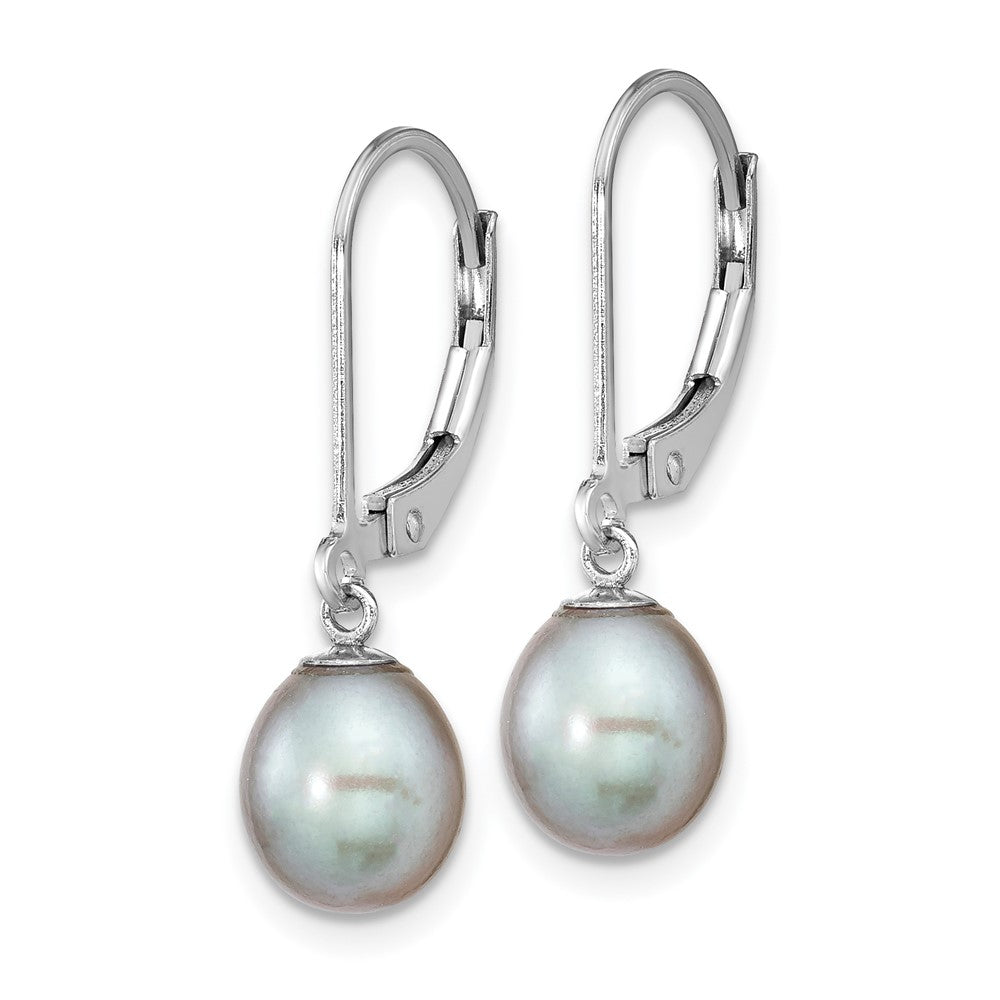Sterling Silver RH-plated 7-8mm Grey FWC Pearl Leverback Earrings