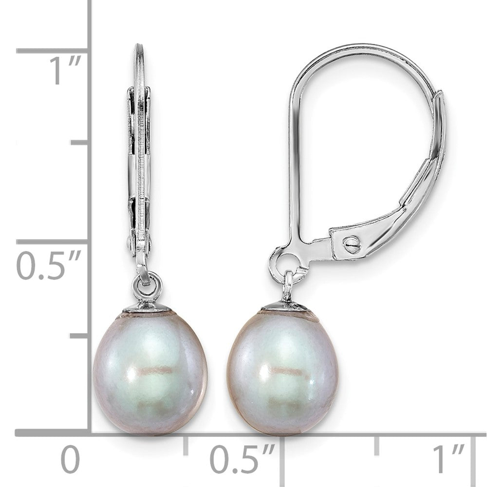 Sterling Silver RH-plated 7-8mm Grey FWC Pearl Leverback Earrings