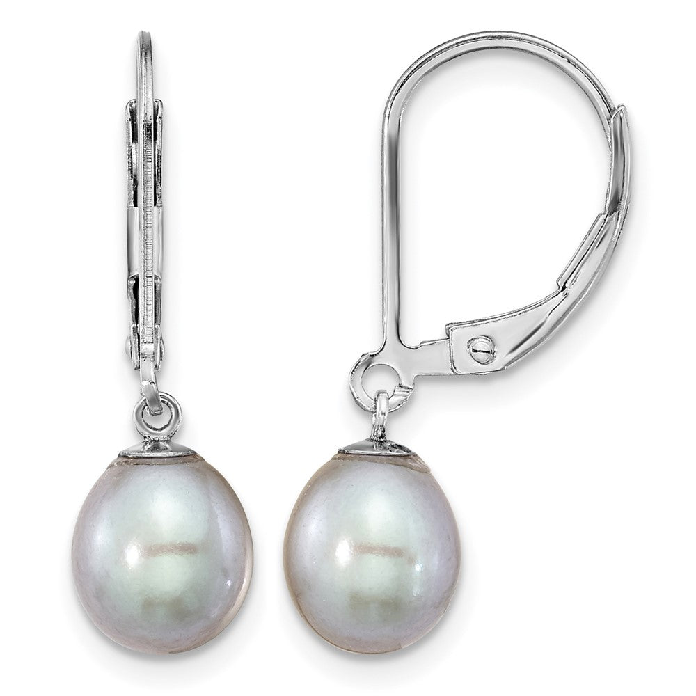 Sterling Silver RH-plated 7-8mm Grey FWC Pearl Leverback Earrings
