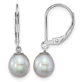 Sterling Silver RH-plated 7-8mm Grey FWC Pearl Leverback Earrings