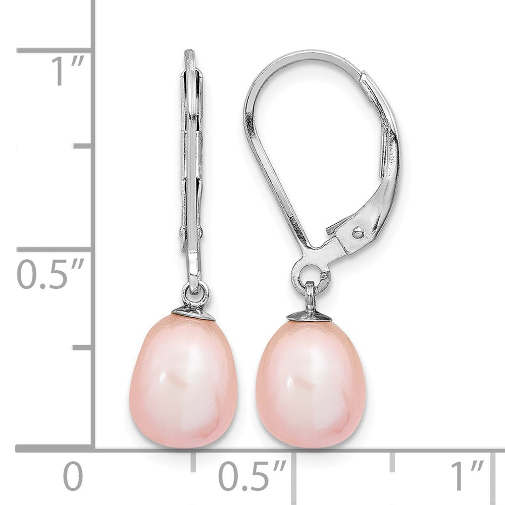 Sterling Silver Rhodium-plated 7-8mm Pink FWC Pearl Leverback Earrings