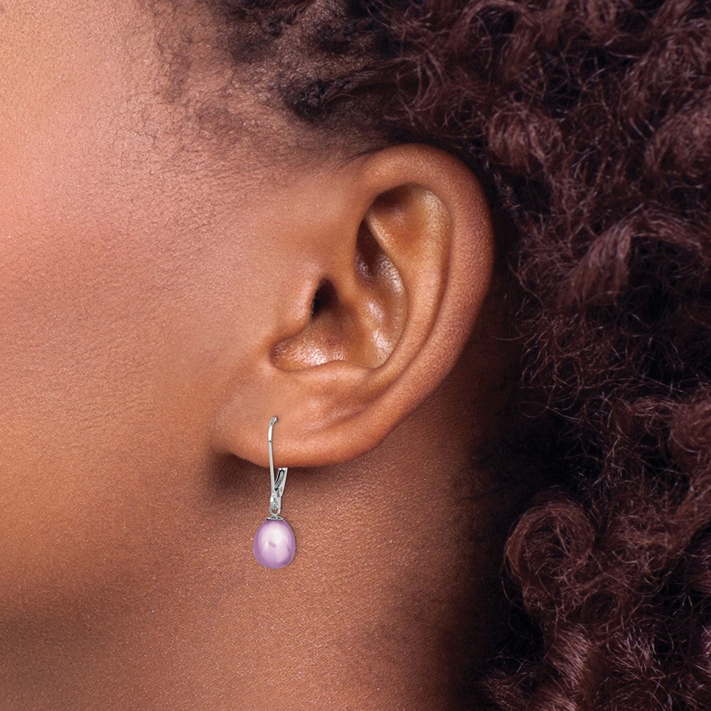 Sterling Silver Rhodium-plated 7-8mm Purple FWC Pearl Leverback Earrings