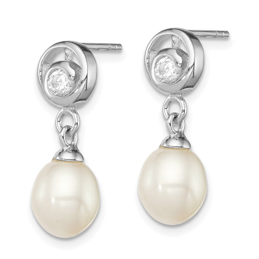 Sterling Silver Rhod-plated 7-8mm White FWC Pearl CZ Post Dangle Earrings