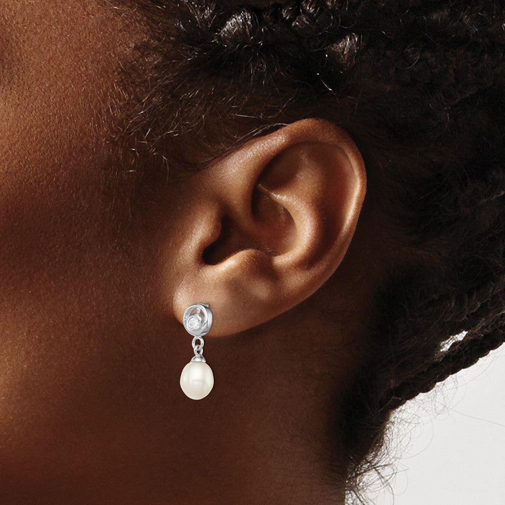 Sterling Silver Rhod-plated 7-8mm White FWC Pearl CZ Post Dangle Earrings