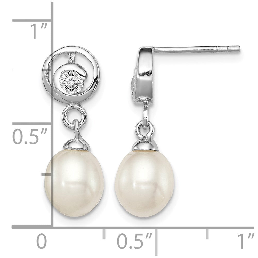Sterling Silver Rhod-plated 7-8mm White FWC Pearl CZ Post Dangle Earrings
