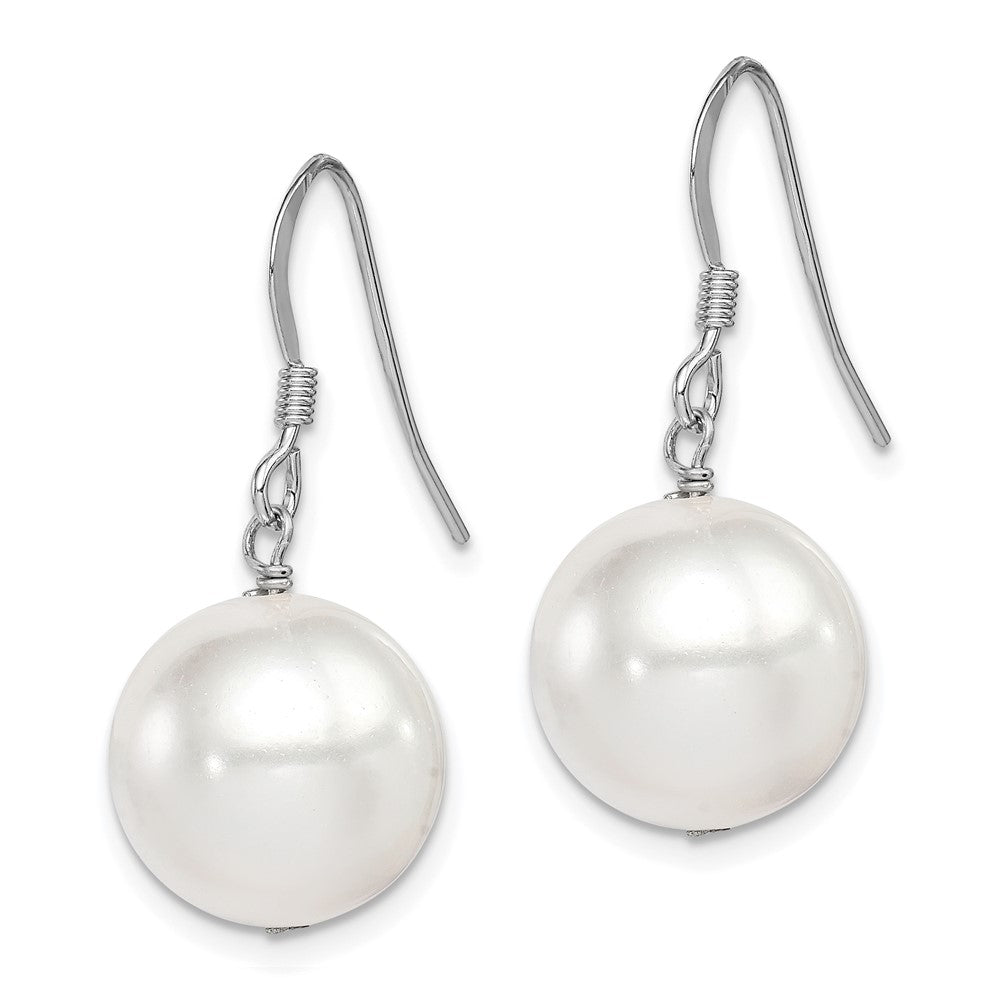 Sterling Silver Rhodium-plated 12-13mm Round Shell Bead Dangle Earrings