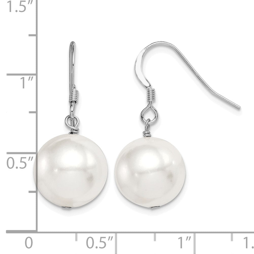 Sterling Silver Rhodium-plated 12-13mm Round Shell Bead Dangle Earrings