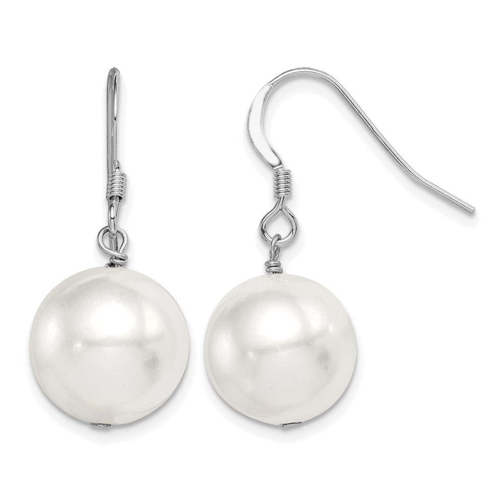 Sterling Silver Rhodium-plated 12-13mm Round Shell Bead Dangle Earrings