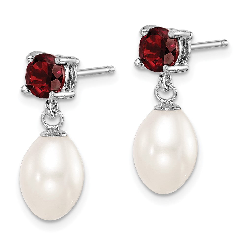 Sterling Silver RH Garnet 7-8mm FW Cultured Pearl Teardrop Earrings