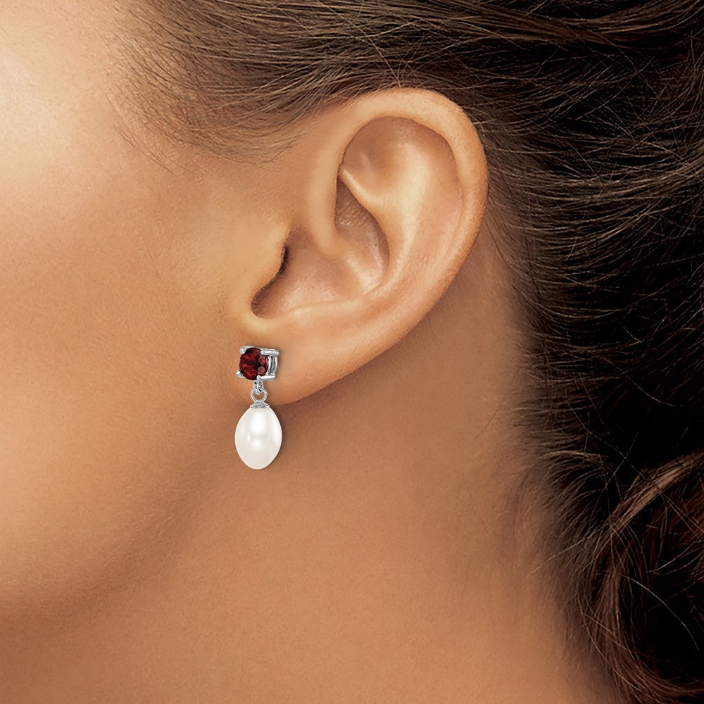 Sterling Silver RH Garnet 7-8mm FW Cultured Pearl Teardrop Earrings