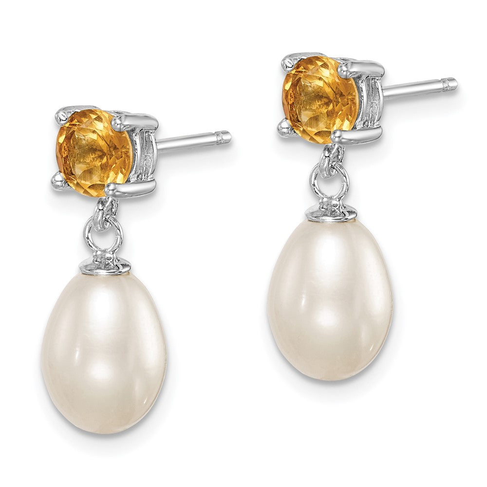 Sterling Silver RH Citrine 7-8mm FW Cultured Pearl Teardrop Earrings