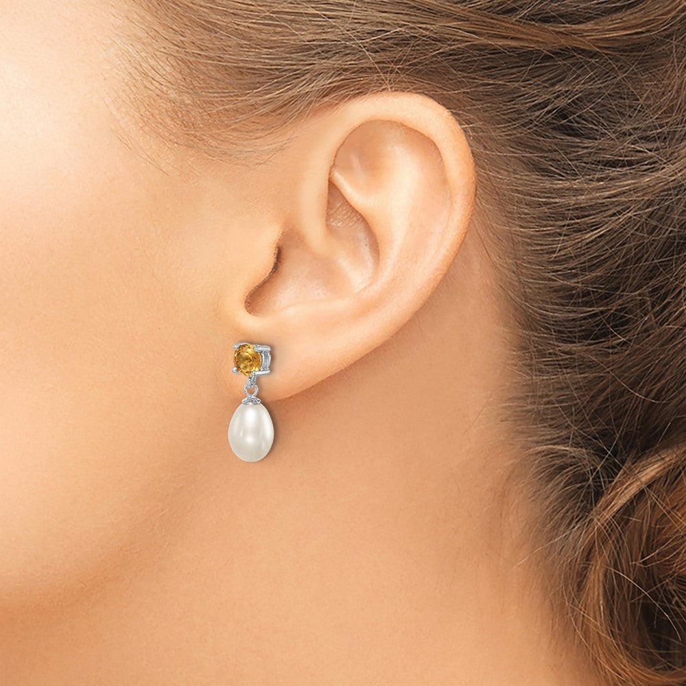 Sterling Silver RH Citrine 7-8mm FW Cultured Pearl Teardrop Earrings