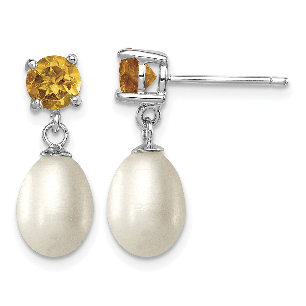 Sterling Silver RH Citrine 7-8mm FW Cultured Pearl Teardrop Earrings