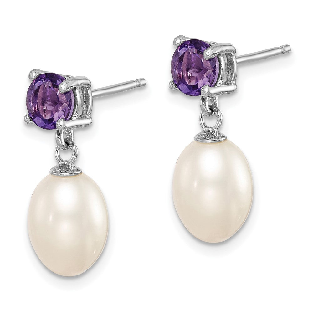 Sterling Silver RH Amethyst 7-8mm FW Cult Pearl Teardrop Earrings