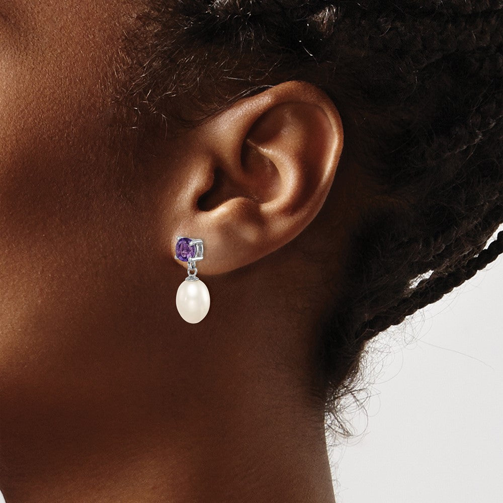 Sterling Silver RH Amethyst 7-8mm FW Cult Pearl Teardrop Earrings