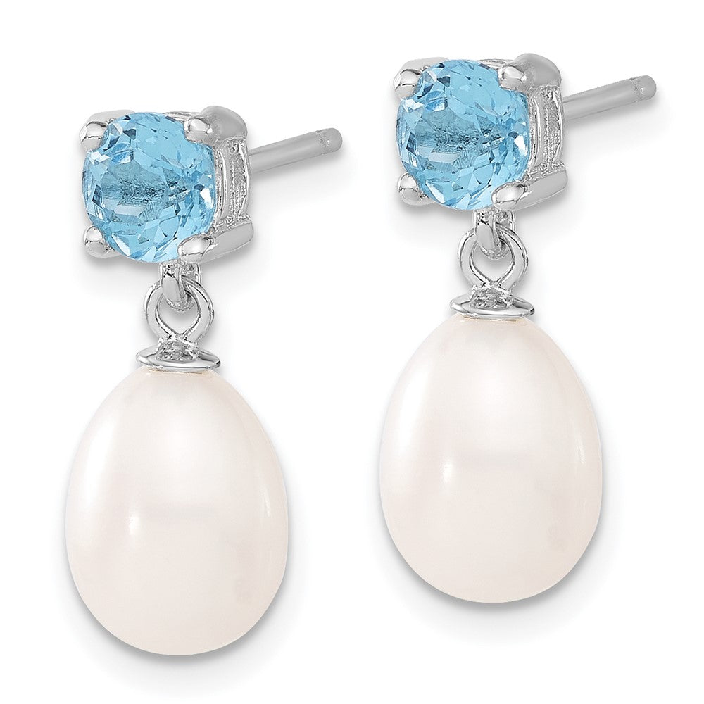 Sterling Silver RH Blue Topaz 7-8mm FW Cult Pearl Teardrop Earrings