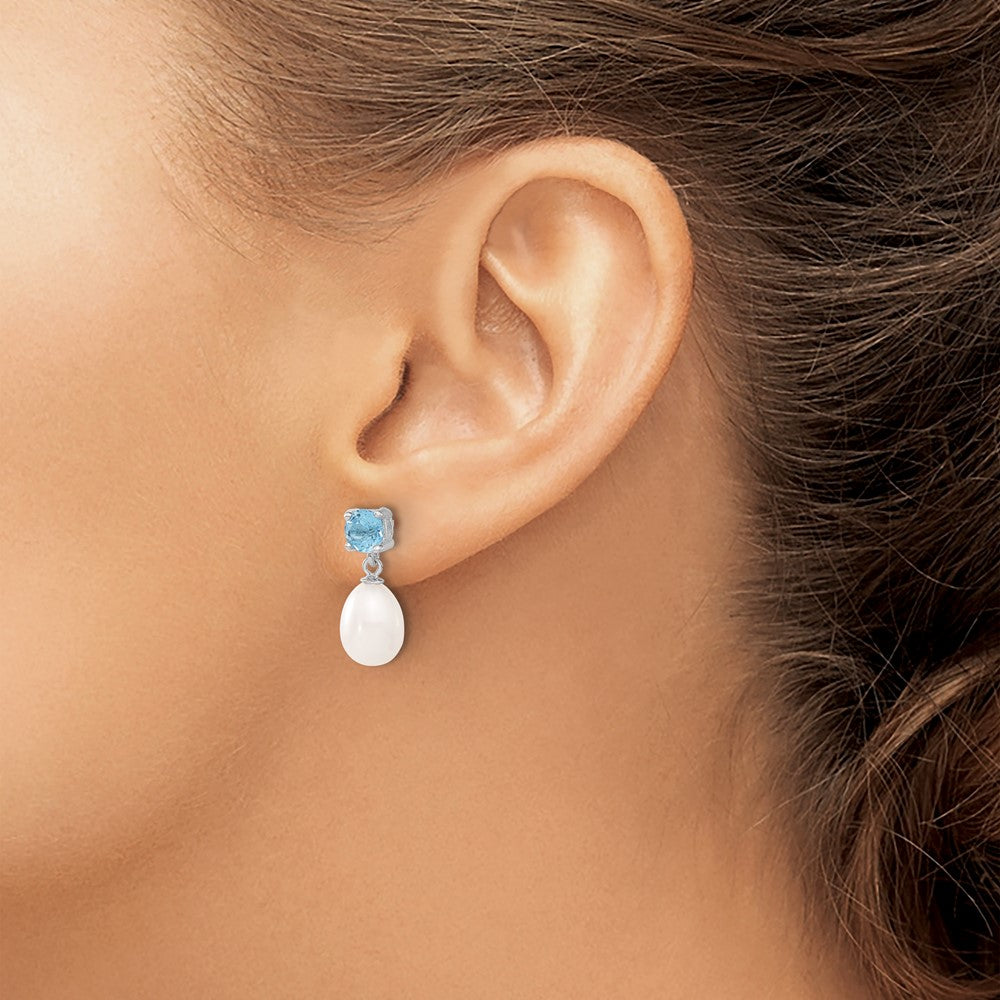 Sterling Silver RH Blue Topaz 7-8mm FW Cult Pearl Teardrop Earrings