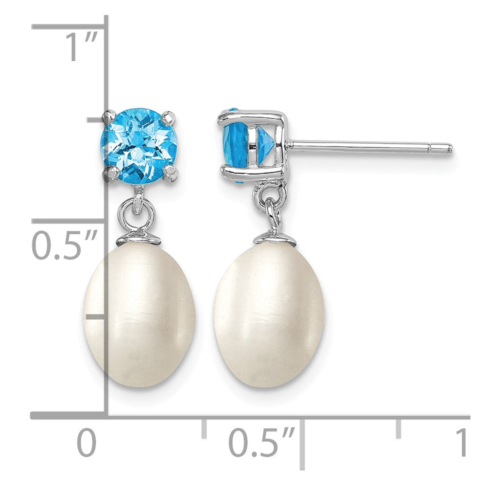 Sterling Silver RH Blue Topaz 7-8mm FW Cult Pearl Teardrop Earrings