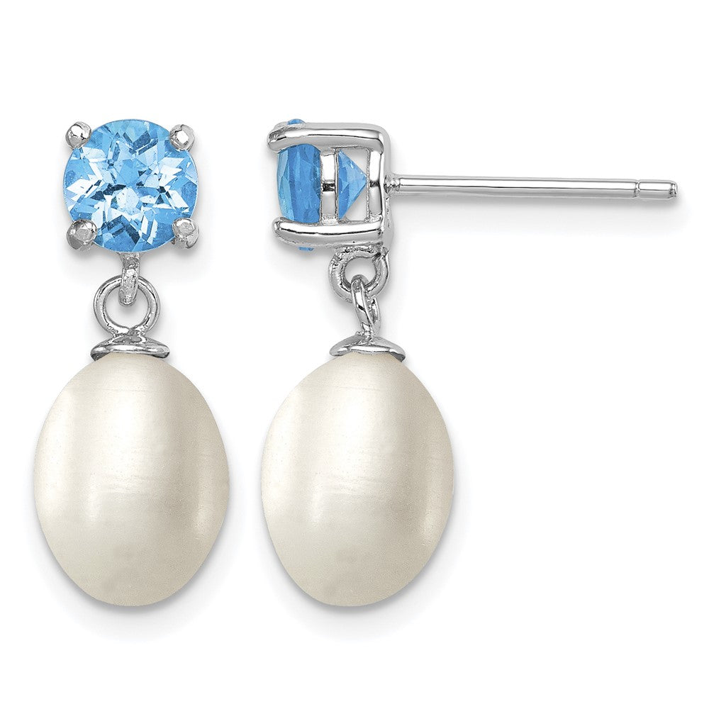 Sterling Silver RH Blue Topaz 7-8mm FW Cult Pearl Teardrop Earrings