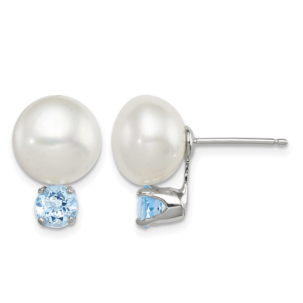 Sterling Silver Rhodium-pltd 10-11mm FWC Button Pearl Blue Topaz Earrings