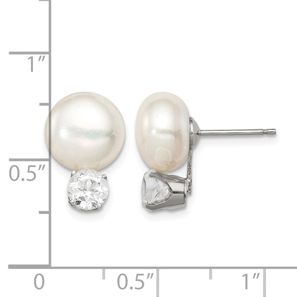 Sterling Silver Rhodium-plate 10-11mm FWC Button Pearl White Topaz Earrings