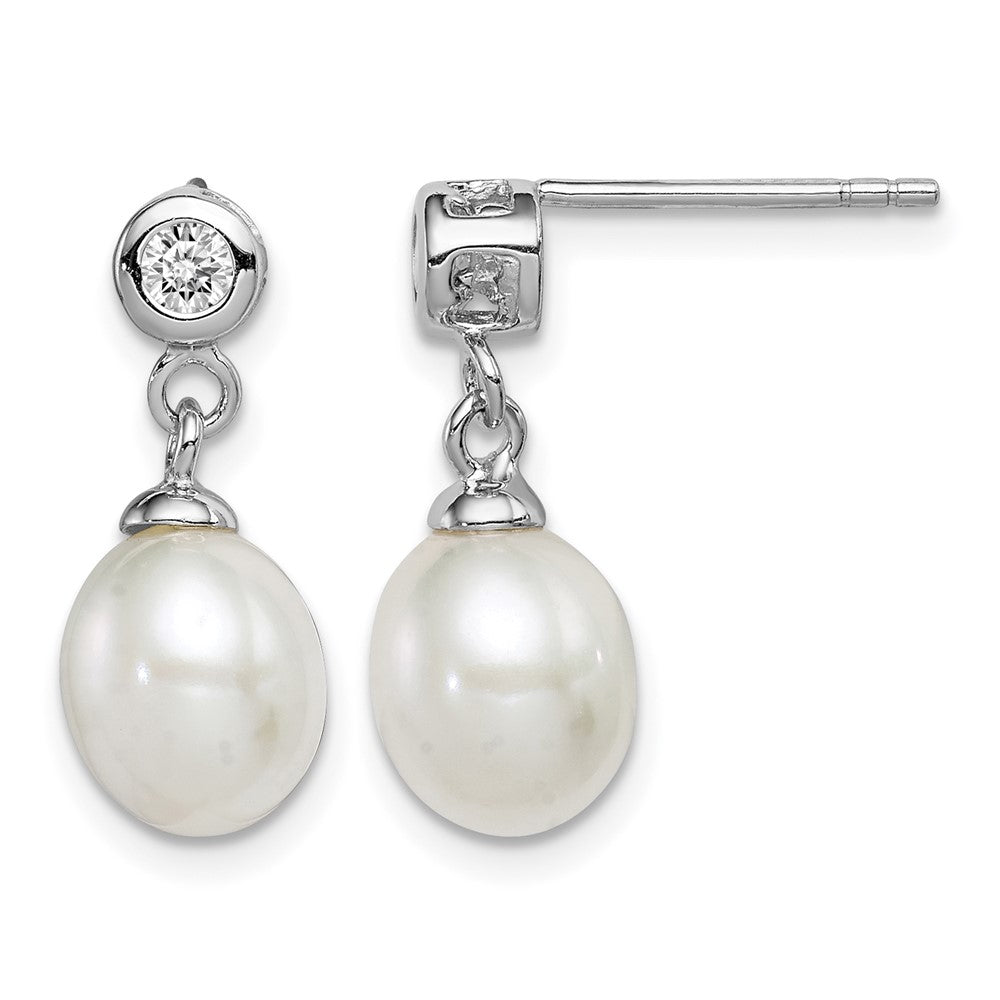 Sterling Silver Rh-plated 7-8mm White FWC Pearl CZ Dangle Earrings