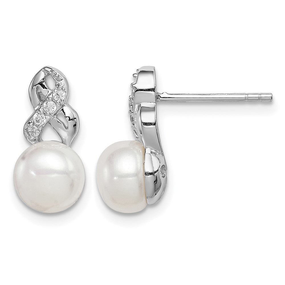 Sterling Silver Rhodium-plated 6-7mm White FWC Pearl CZ Post Earrings