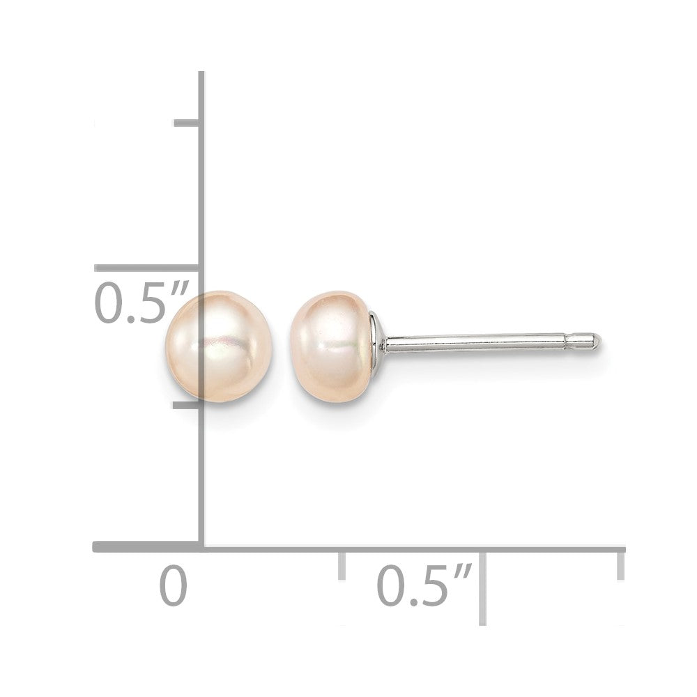Sterling Silver RH-plated 4-5mm Pink Button FWC Pearl Post Earrings
