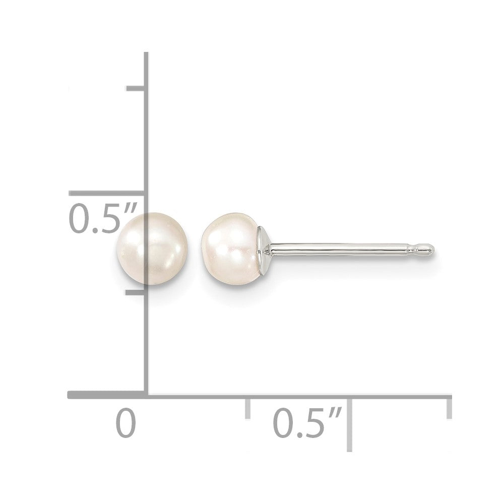 Sterling Silver RH-plate 4-5mm White Button FWC Pearl Post Earrings