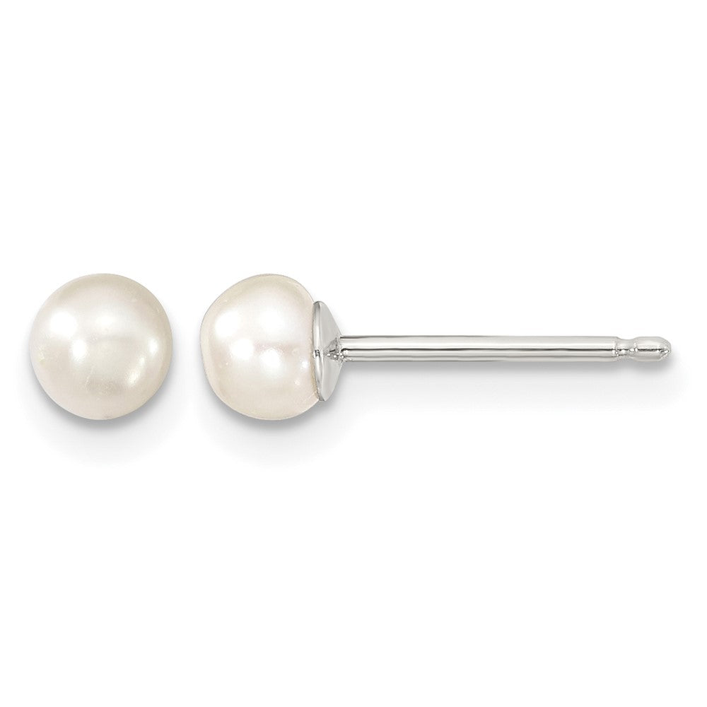 Sterling Silver RH-plate 4-5mm White Button FWC Pearl Post Earrings