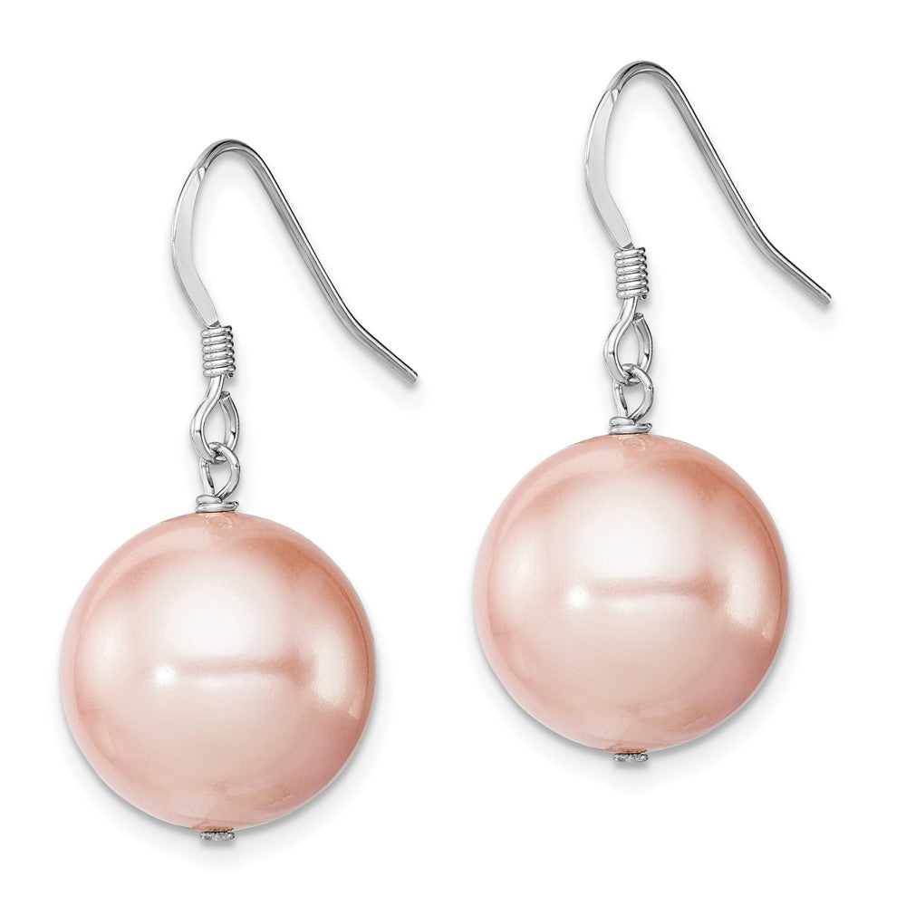 Sterling Silver Rhod-plated 14-15mm Pink Shell Pearl Dangle Earrings