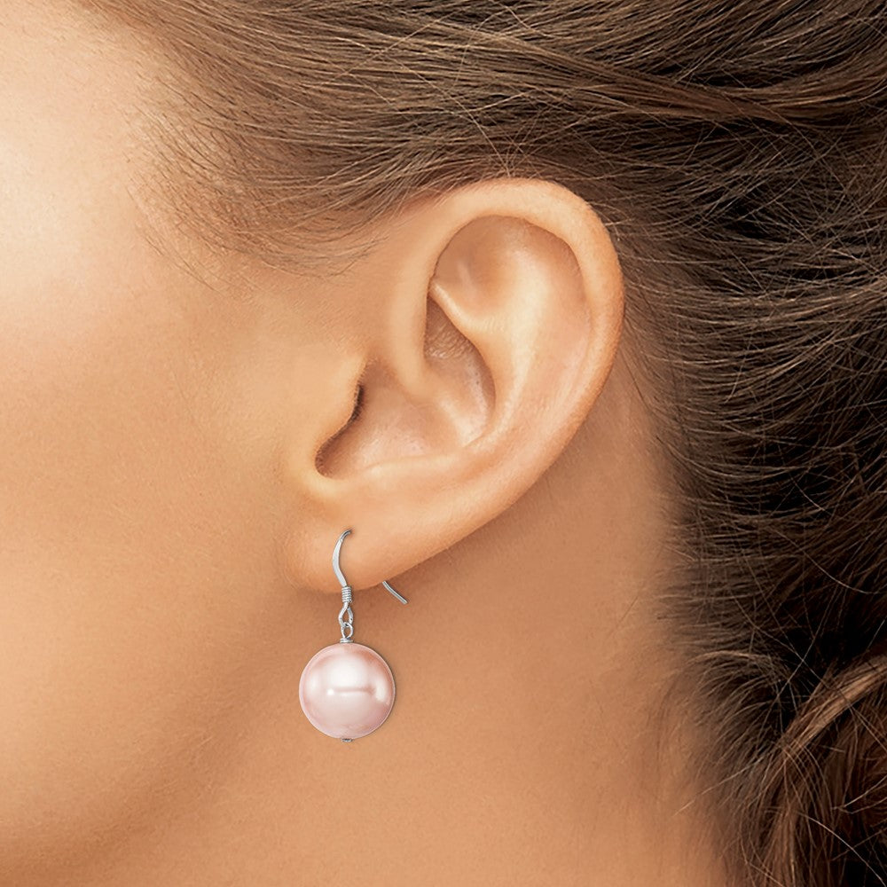Sterling Silver Rhod-plated 14-15mm Pink Shell Pearl Dangle Earrings