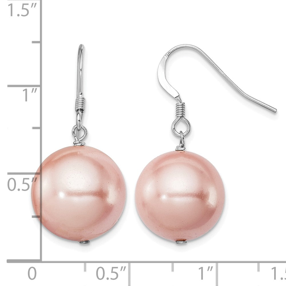 Sterling Silver Rhod-plated 14-15mm Pink Shell Pearl Dangle Earrings