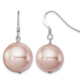 Sterling Silver Rhod-plated 14-15mm Pink Shell Pearl Dangle Earrings