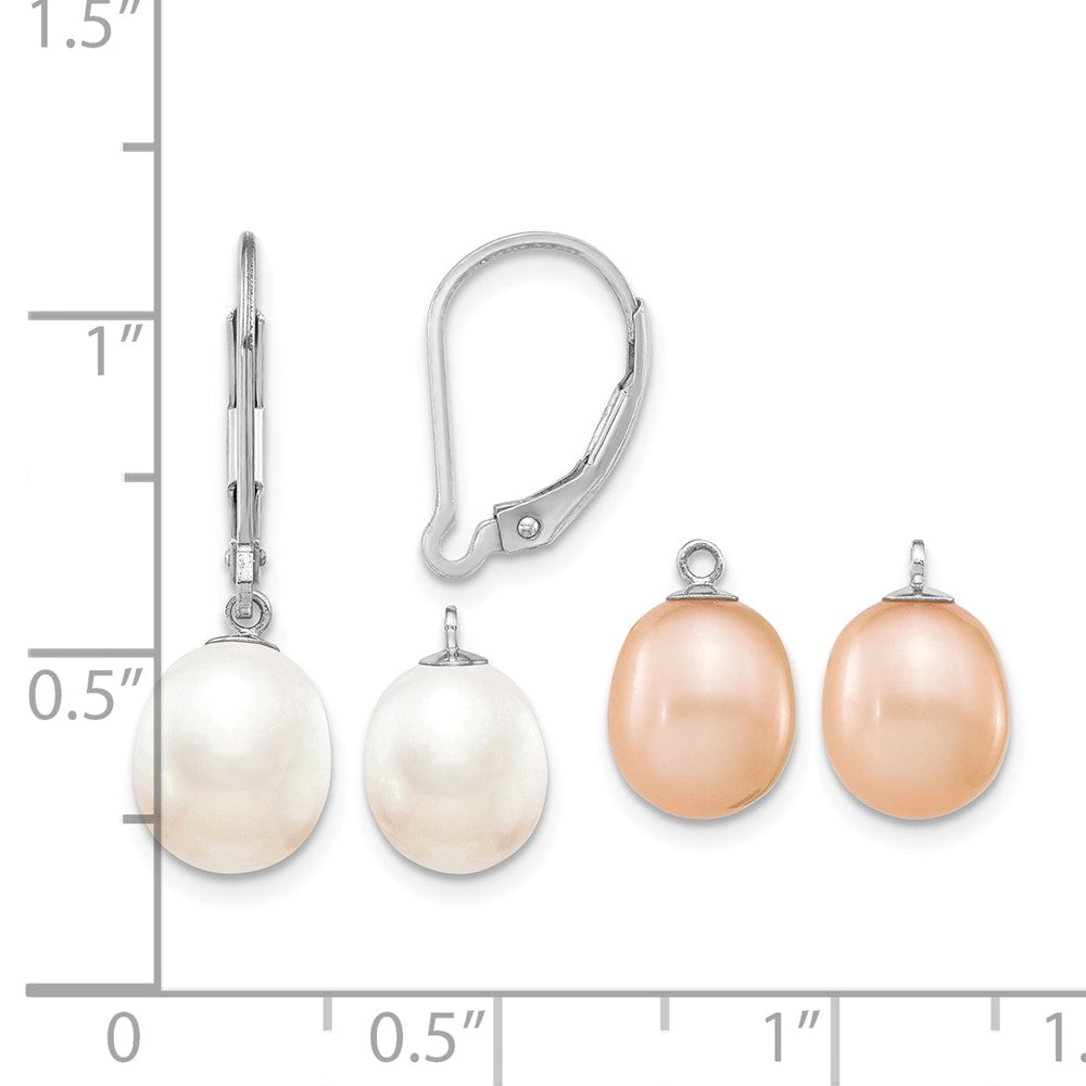 Sterling Silver Rhod 7-8mm FWC Pearl Leverback 2pc Enhancer Set