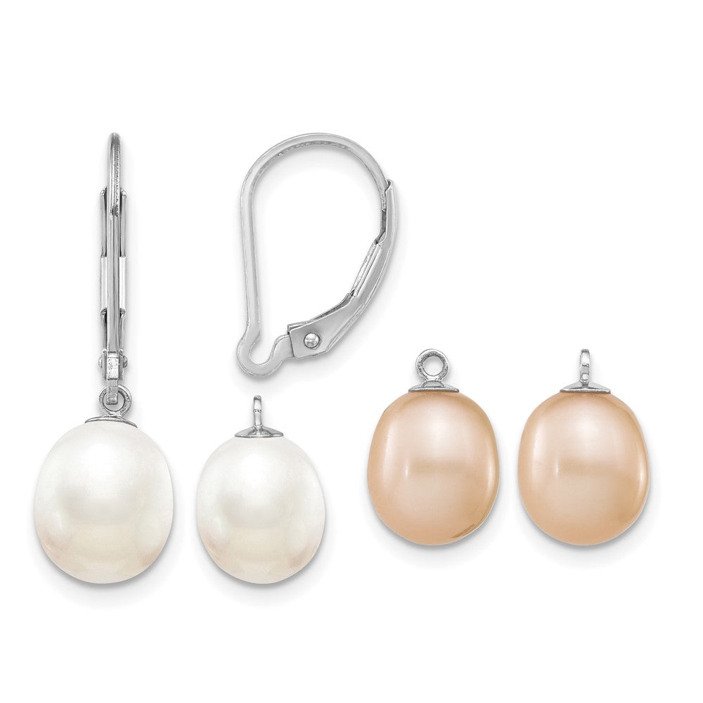 Sterling Silver Rhod 7-8mm FWC Pearl Leverback 2pc Enhancer Set