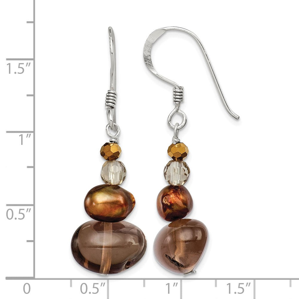 Sterling Silver Polished FWC Pearl, Crystal & Smoky Quartz Dangle Earrings