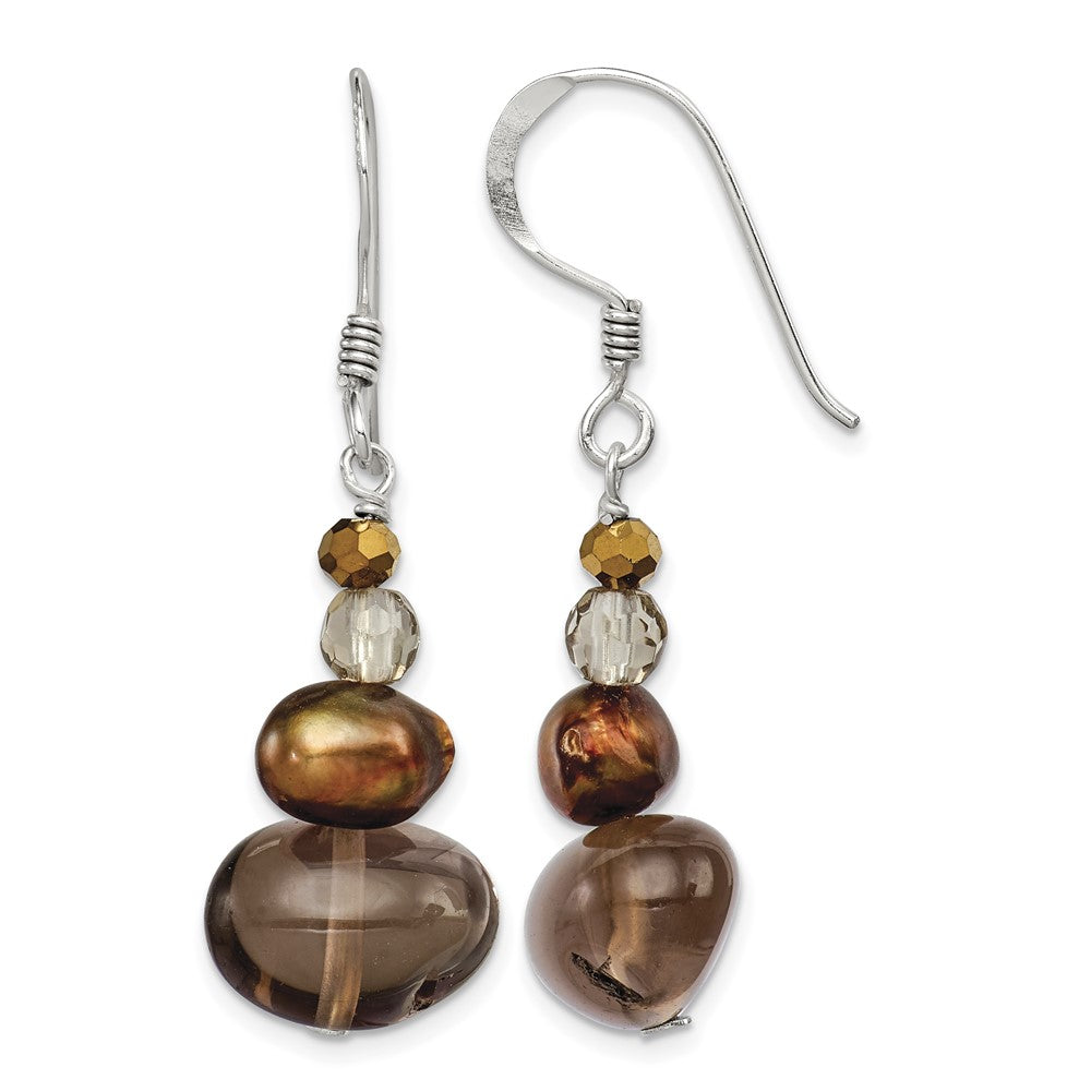 Sterling Silver Polished FWC Pearl, Crystal & Smoky Quartz Dangle Earrings