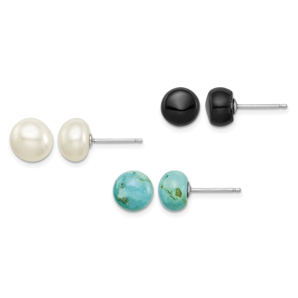 Sterling Silver RH-pltd 8-8.5mm Button FWC Pearl/Stab.Turq/Blk Agate Set