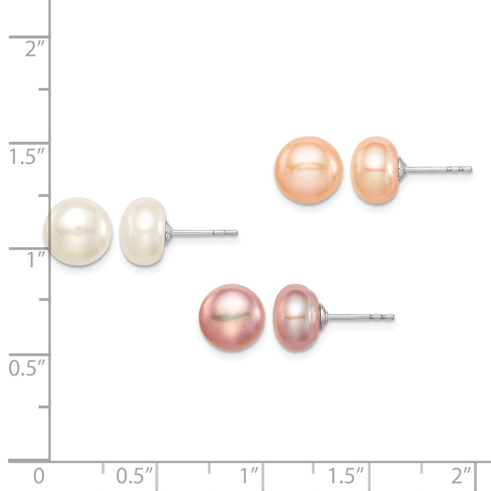 Sterling Silver Rh-pl 8-9mm Set of 3 Wt/Pink/Purp Button FWC Pearl Earrings