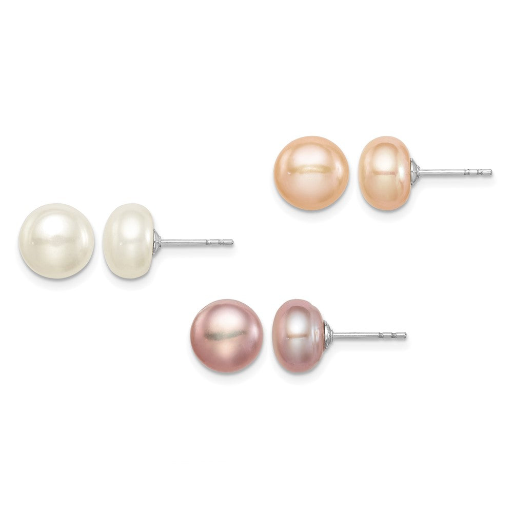 Sterling Silver Rh-pl 8-9mm Set of 3 Wt/Pink/Purp Button FWC Pearl Earrings