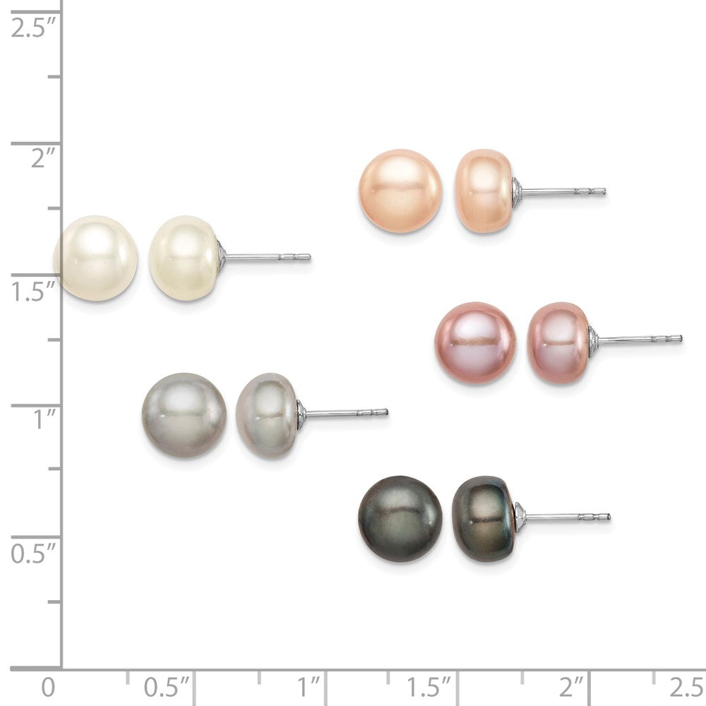 Sterling Silver Rhodium 8-9mm FWC 5 Pairs Pearl Button Stud Earring Set