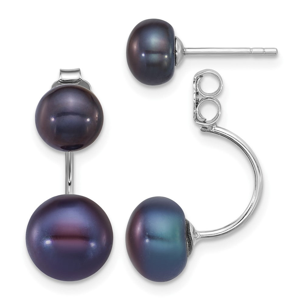 Sterling Silver Rhod Black FWC Pearl Front/Back Post Dangle Earrings