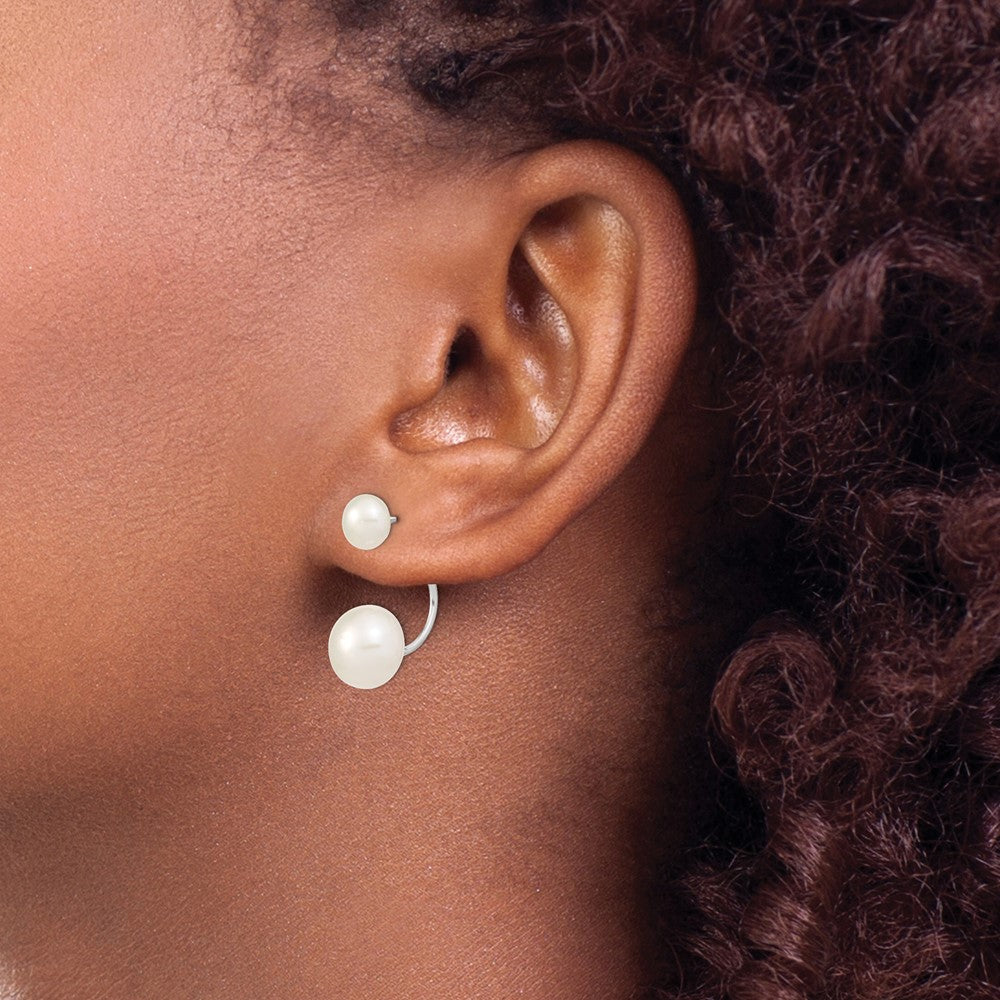Sterling Silver RH-plated White FWC Pearl Front/Back Post Dangle Earrings
