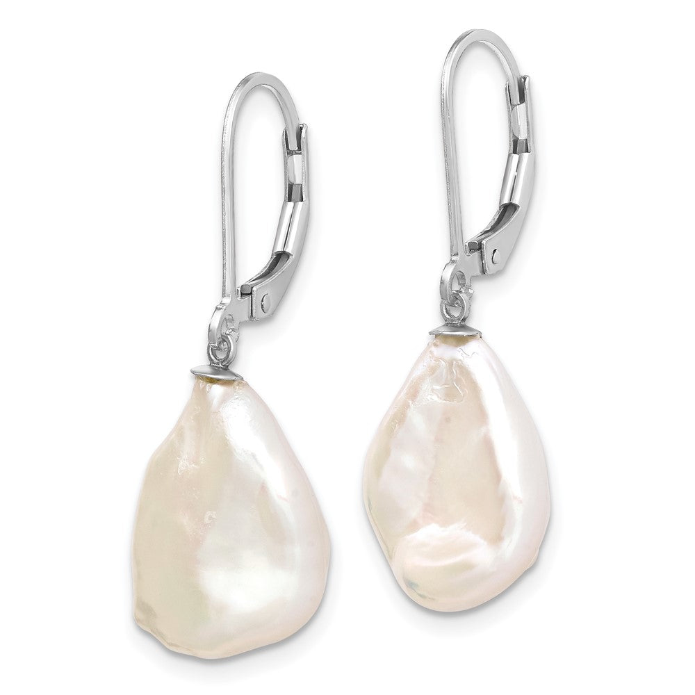 Sterling Silver RH-plated 13-15mm Keshi FWC Pearl Leverback Earrings
