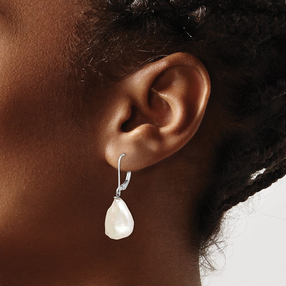 Sterling Silver RH-plated 13-15mm Keshi FWC Pearl Leverback Earrings