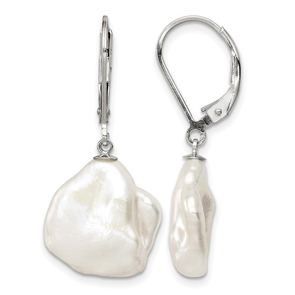 Sterling Silver RH-plated 13-15mm Keshi FWC Pearl Leverback Earrings