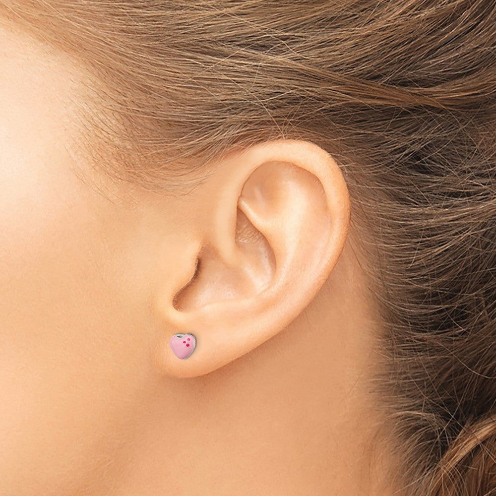 Sterling Silver Polished & Pink Enameled Heart Petite Post Earrings