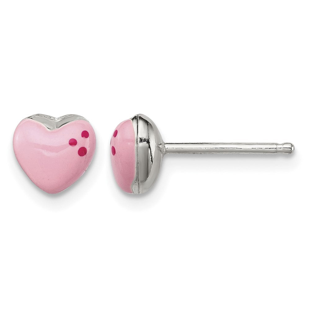 Sterling Silver Polished & Pink Enameled Heart Petite Post Earrings