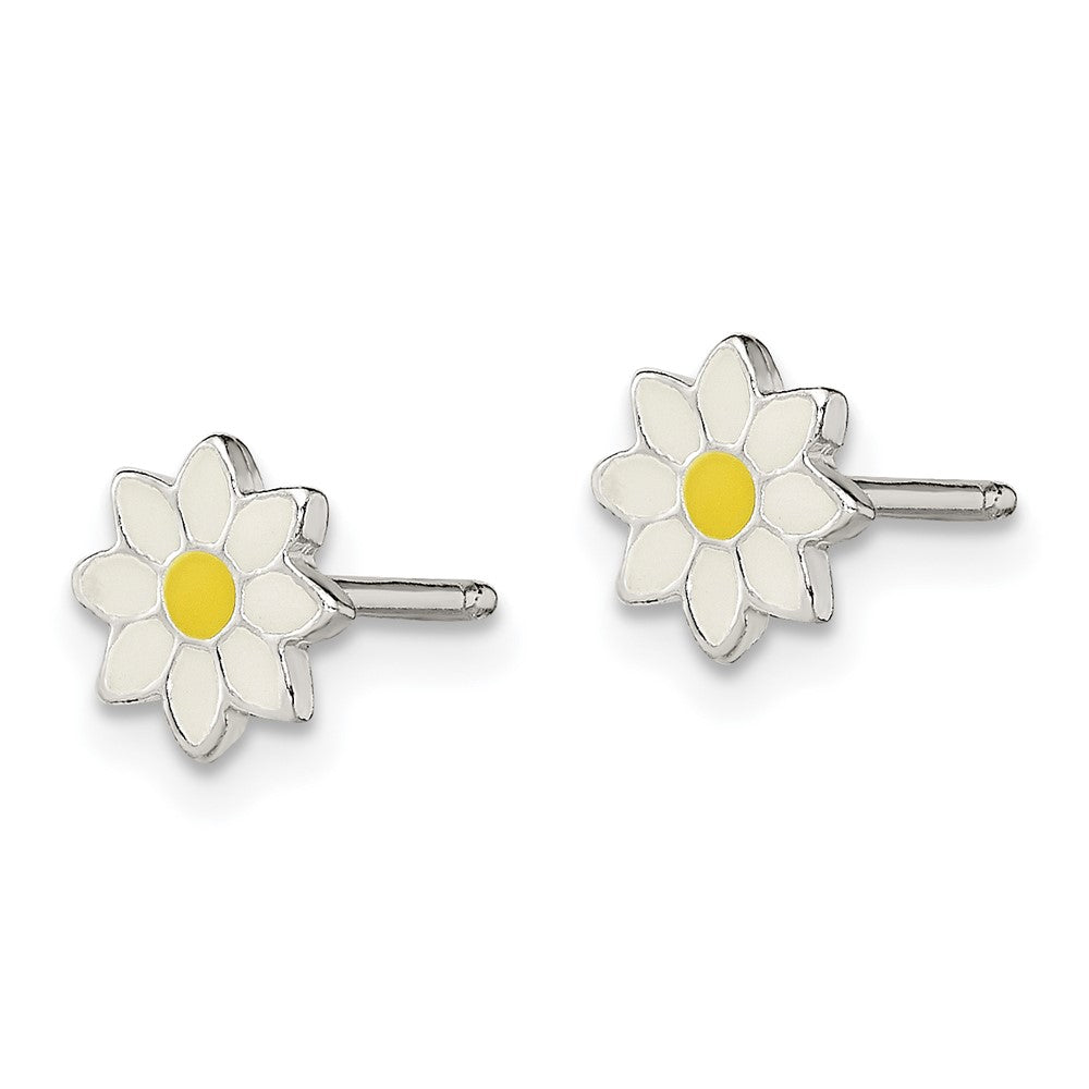 Sterling Silver Polished White/Yellow Enameled Flower Post Earrings